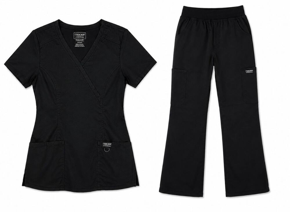 Cherokee Workwear Black Scrub Set Women’s Small Mock Wrap Cargo Medical Uniform